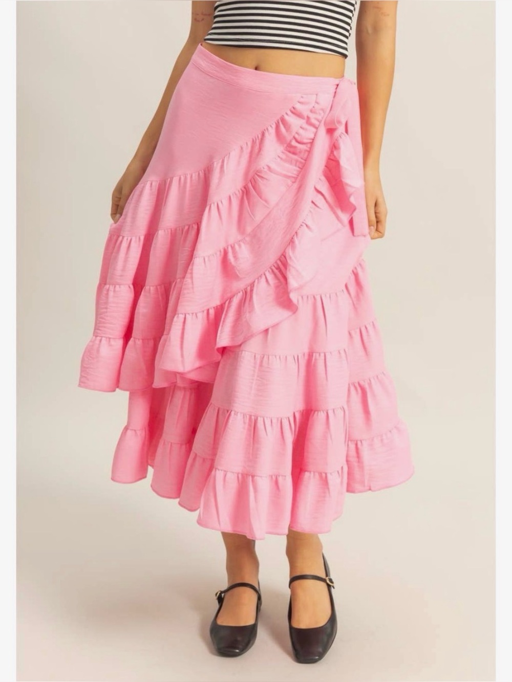 HYFVE Pink Tiered Ruffle Maxi Skirt Tie Wrap Medium NWT